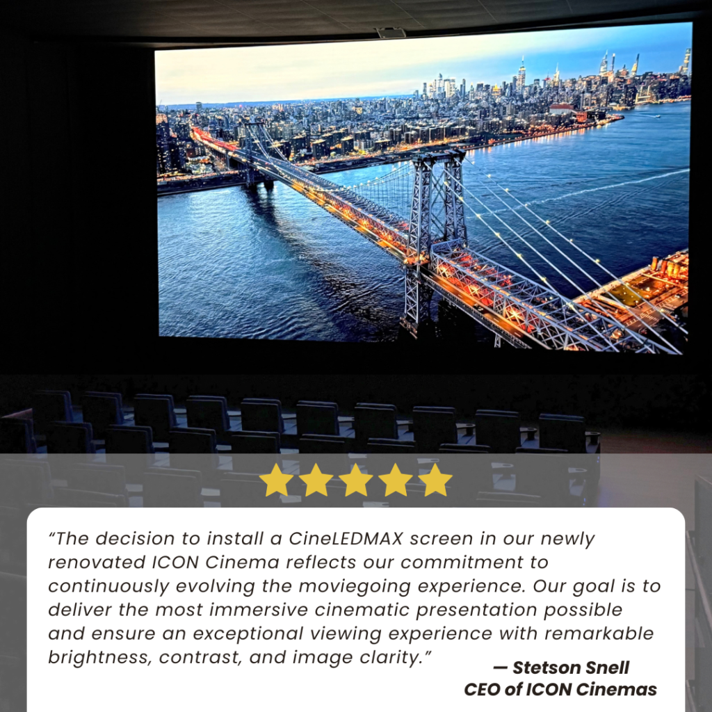 Digital Light Sources (DLS) supplies ICON Cinemas with CineLEDMAX DCI-certified LED cinema screens, delivering premium direct-view LED technology for an exceptional cinematic experience.